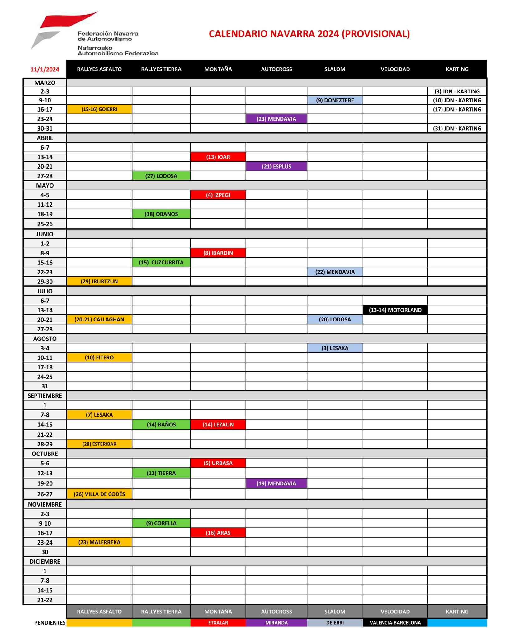 Calendario provisional 2024